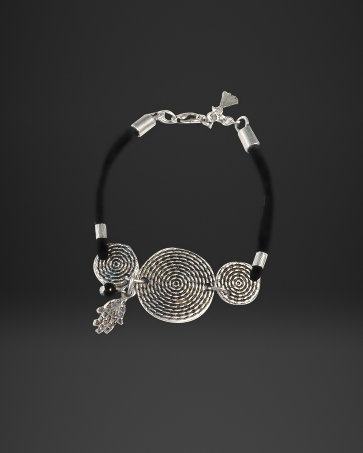 Concentric Spiral Disc Black Leather Bracelet