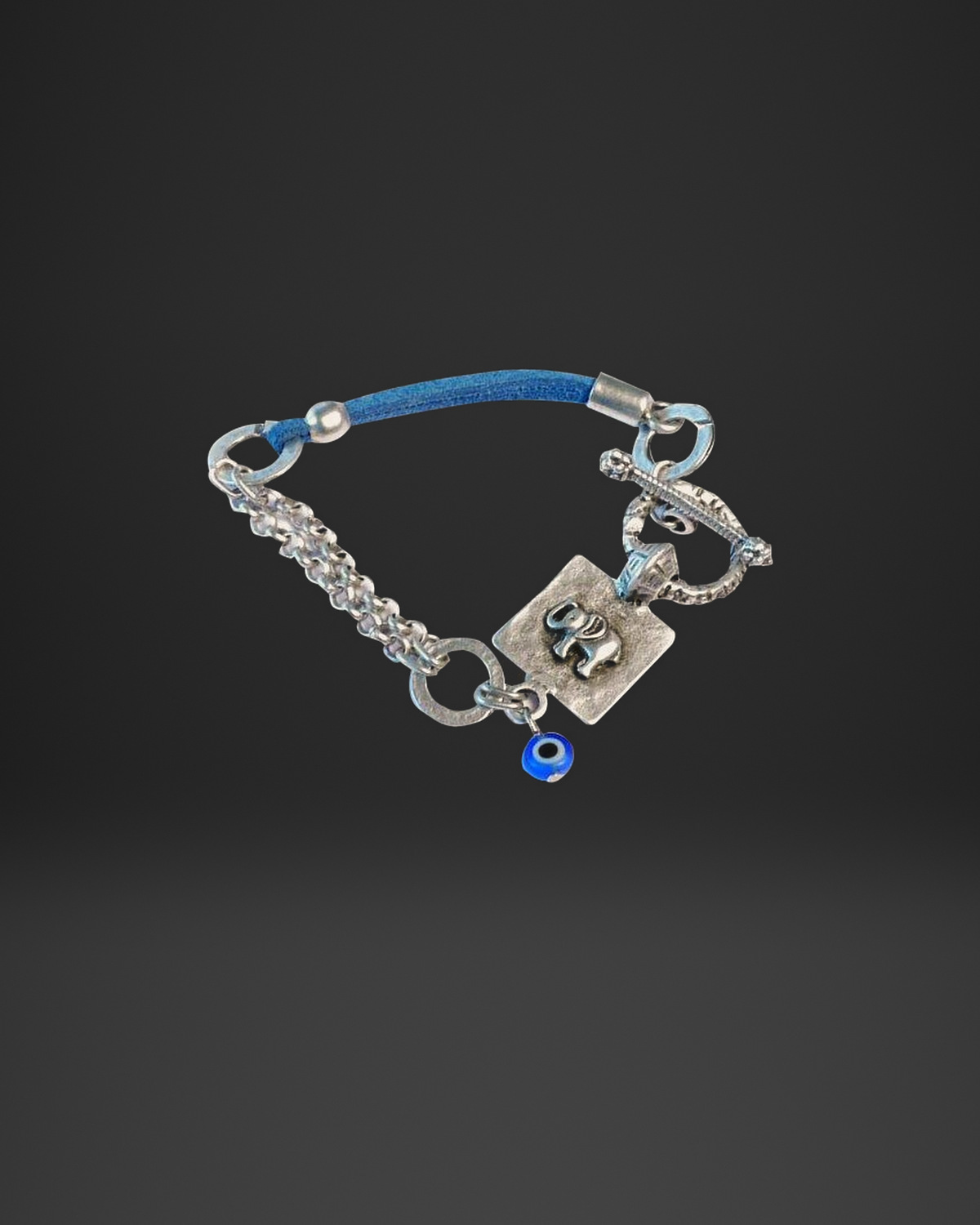 Elephant Tag and Evil Eye Blue Leather Bracelet