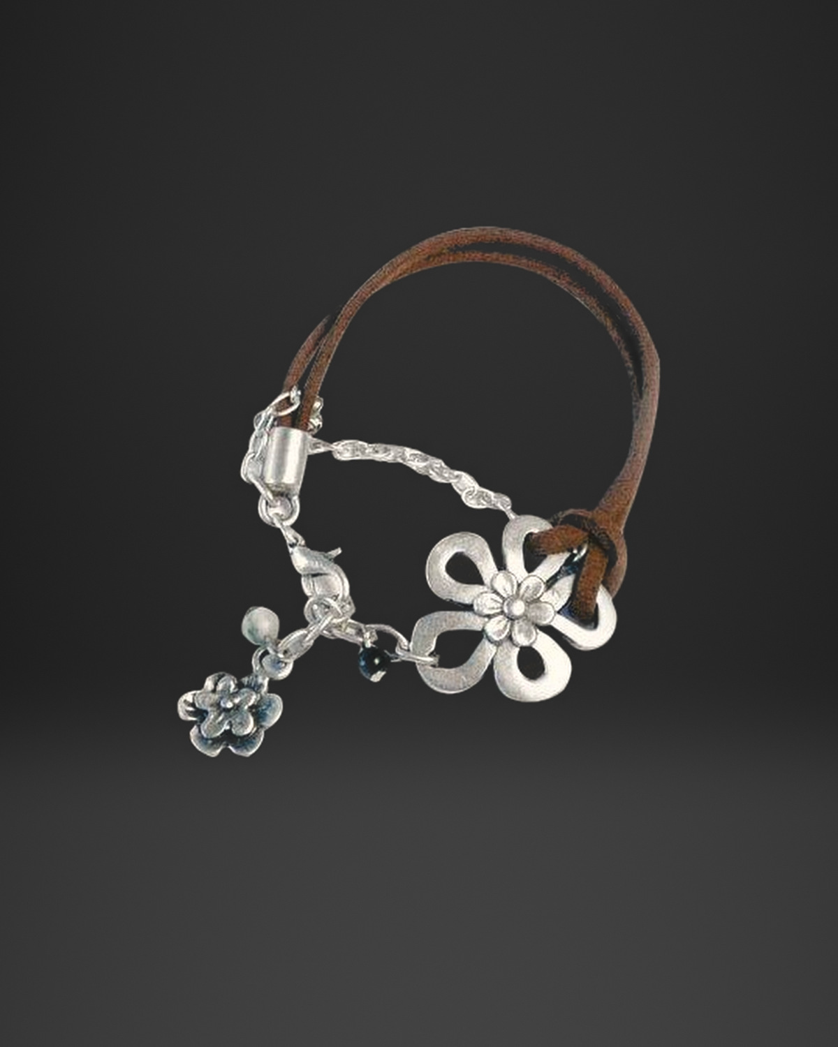Open Petal Flower Brown Leather Chain Bracelet