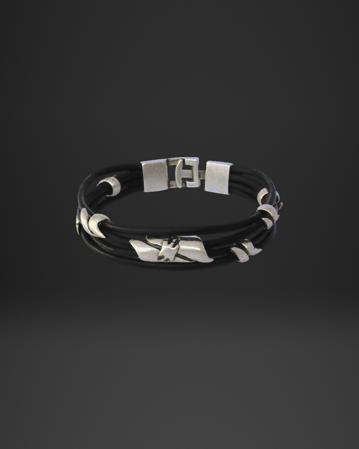 Crescent and Twisted Bar Multi-Strand Leather Bracelet