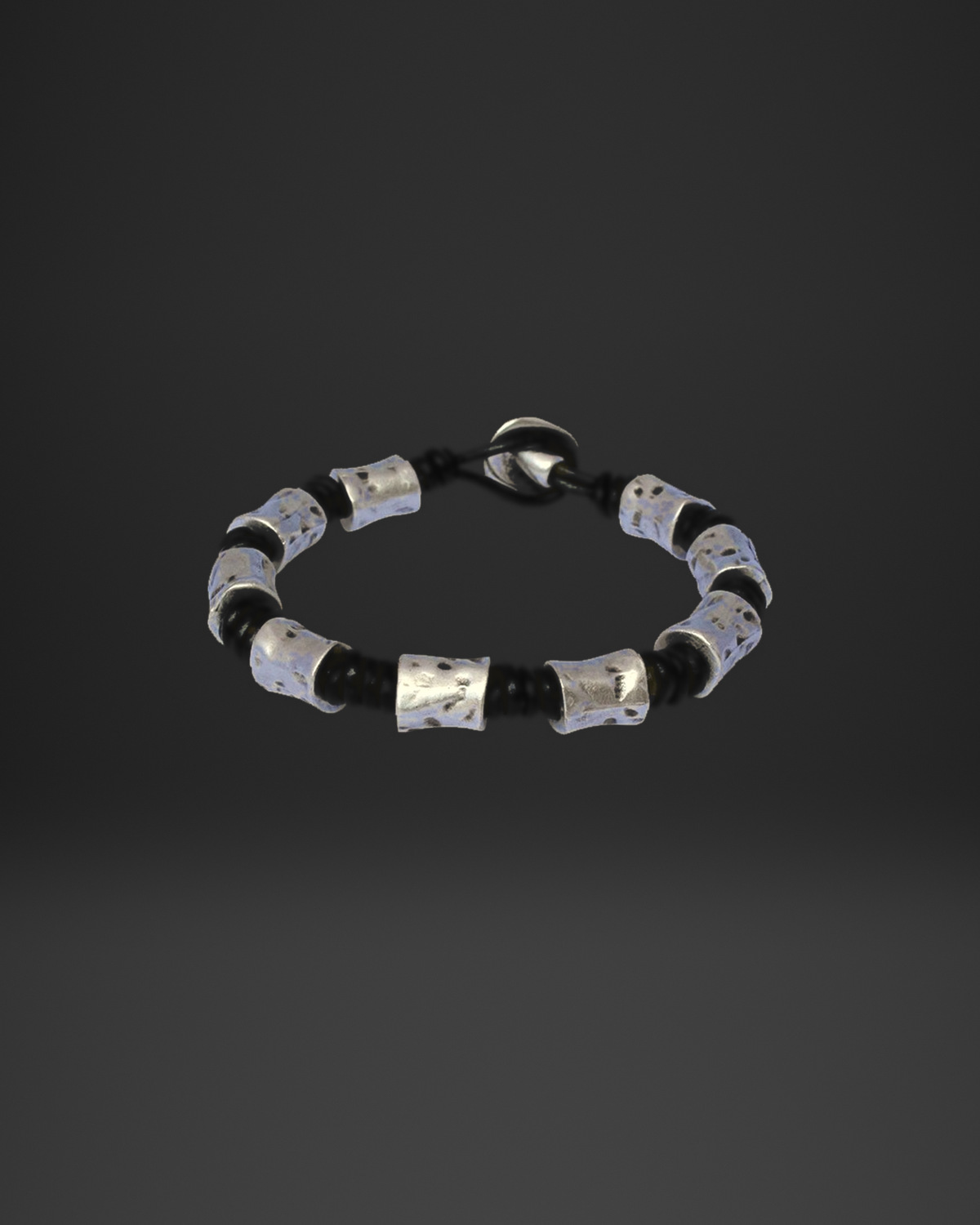 Hammered Tube Bead Black Leather Bracelet