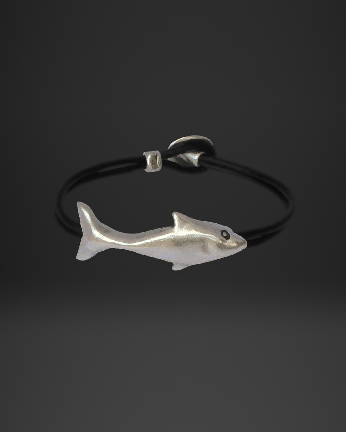 Silver Dolphin Black Leather Bracelet