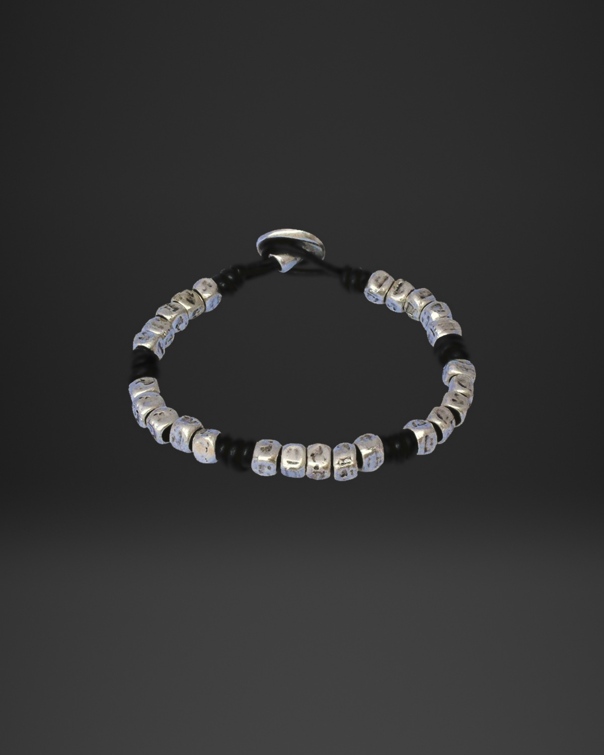 Hammered Barrel Bead Black Leather Bracelet