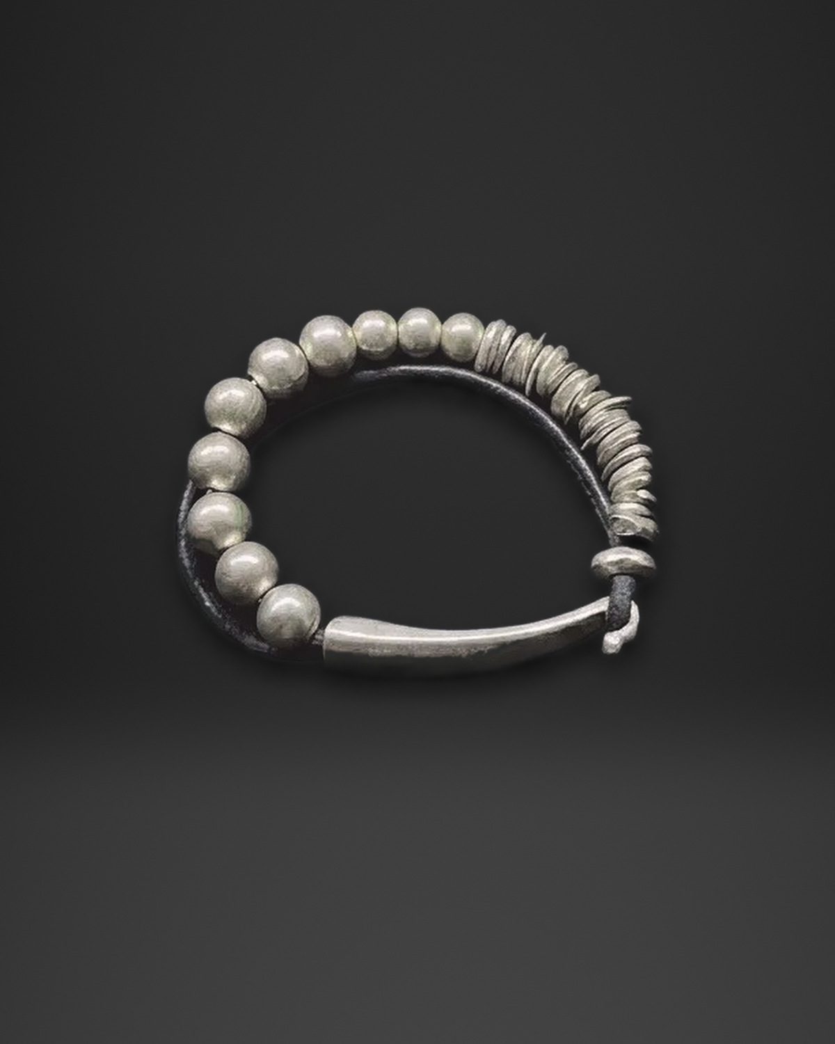 Graduated Ball Bead Curved Bar Leather Bracelet