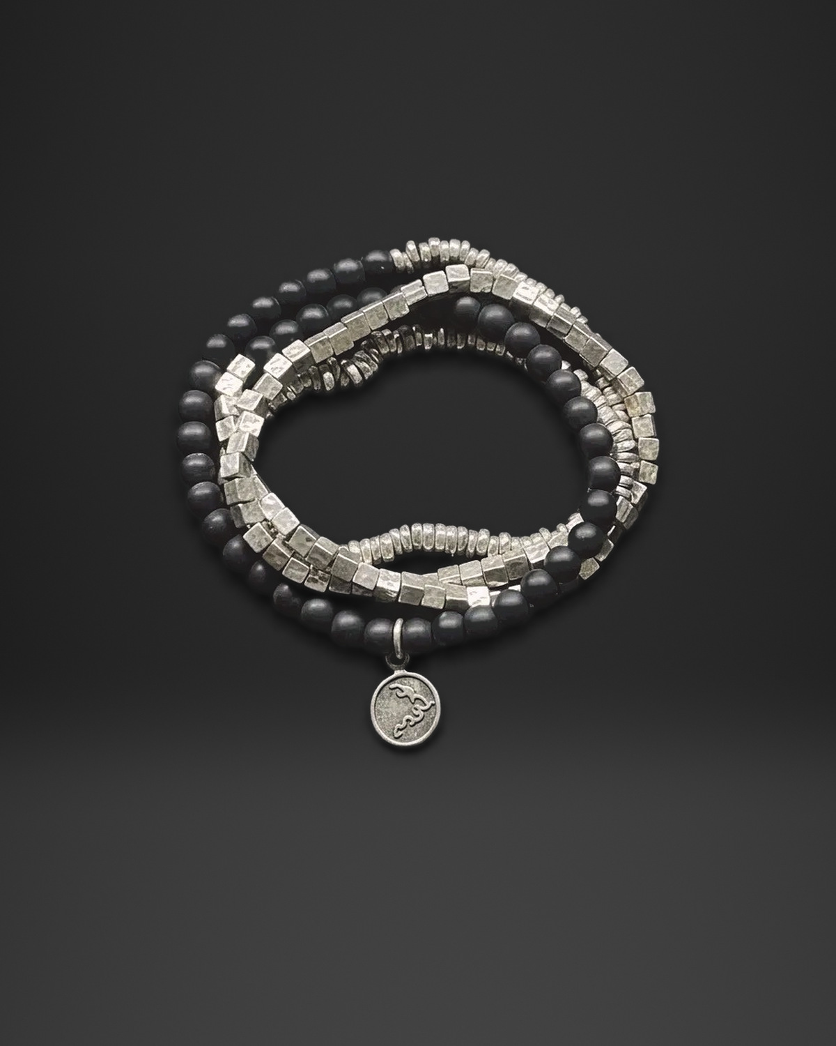 Black Bead and Cube Stretch Bracelet Set