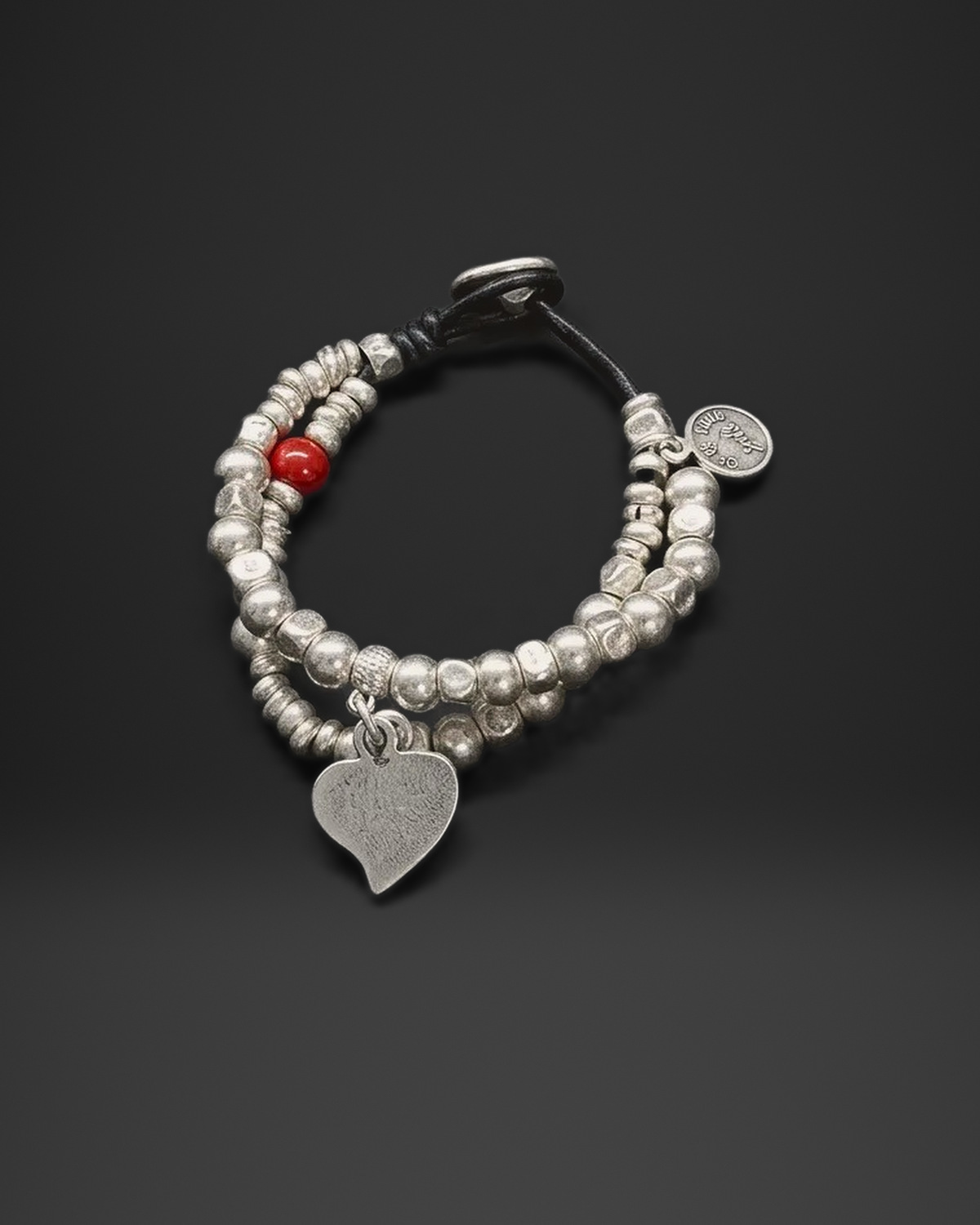 Red Bead and Heart Charm Double-Strand Bracelet
