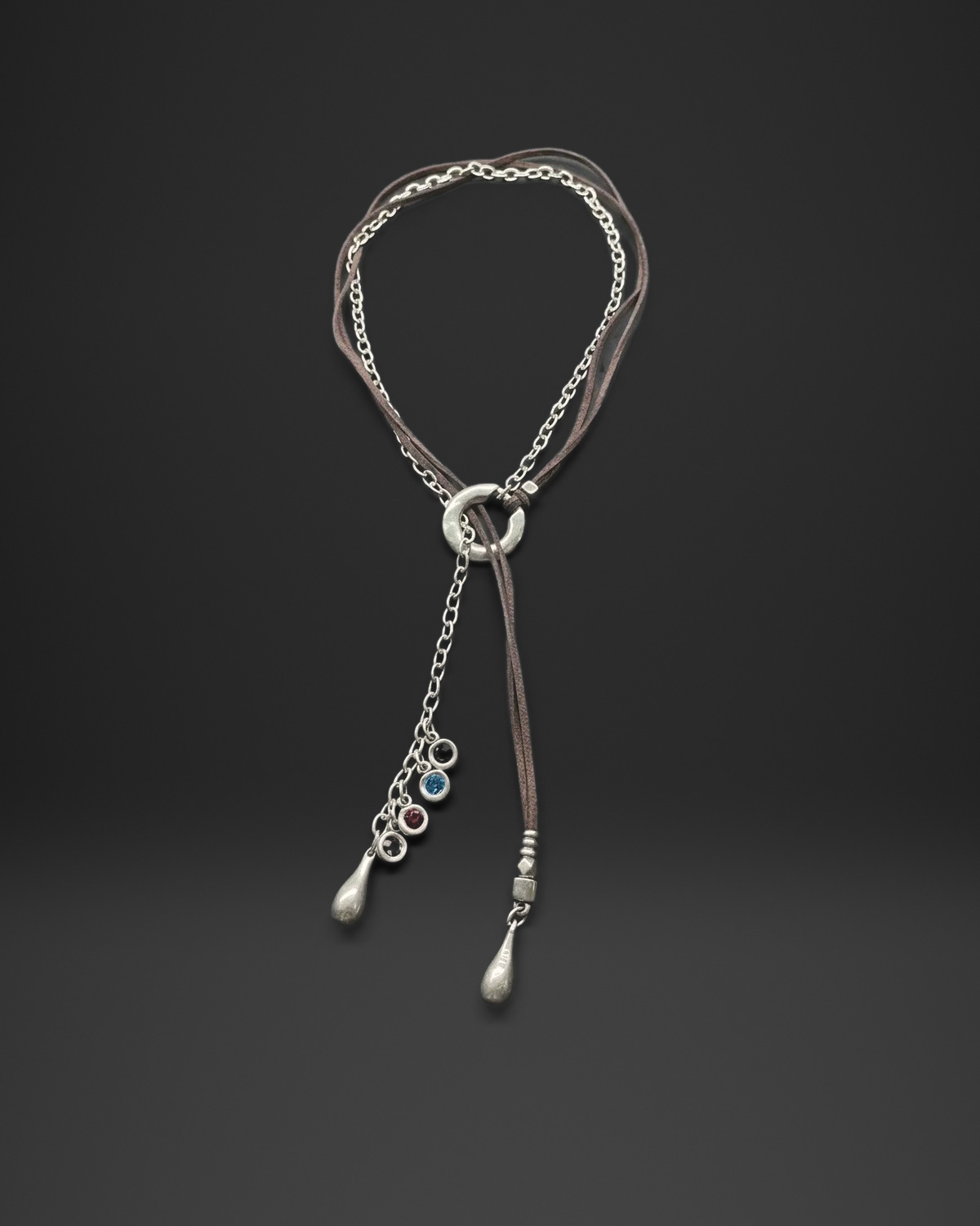 Crystal Teardrop Suede Lariat Necklace