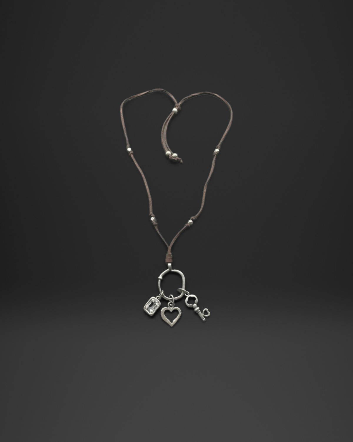 Heart and Key Charm Suede Long Necklace
