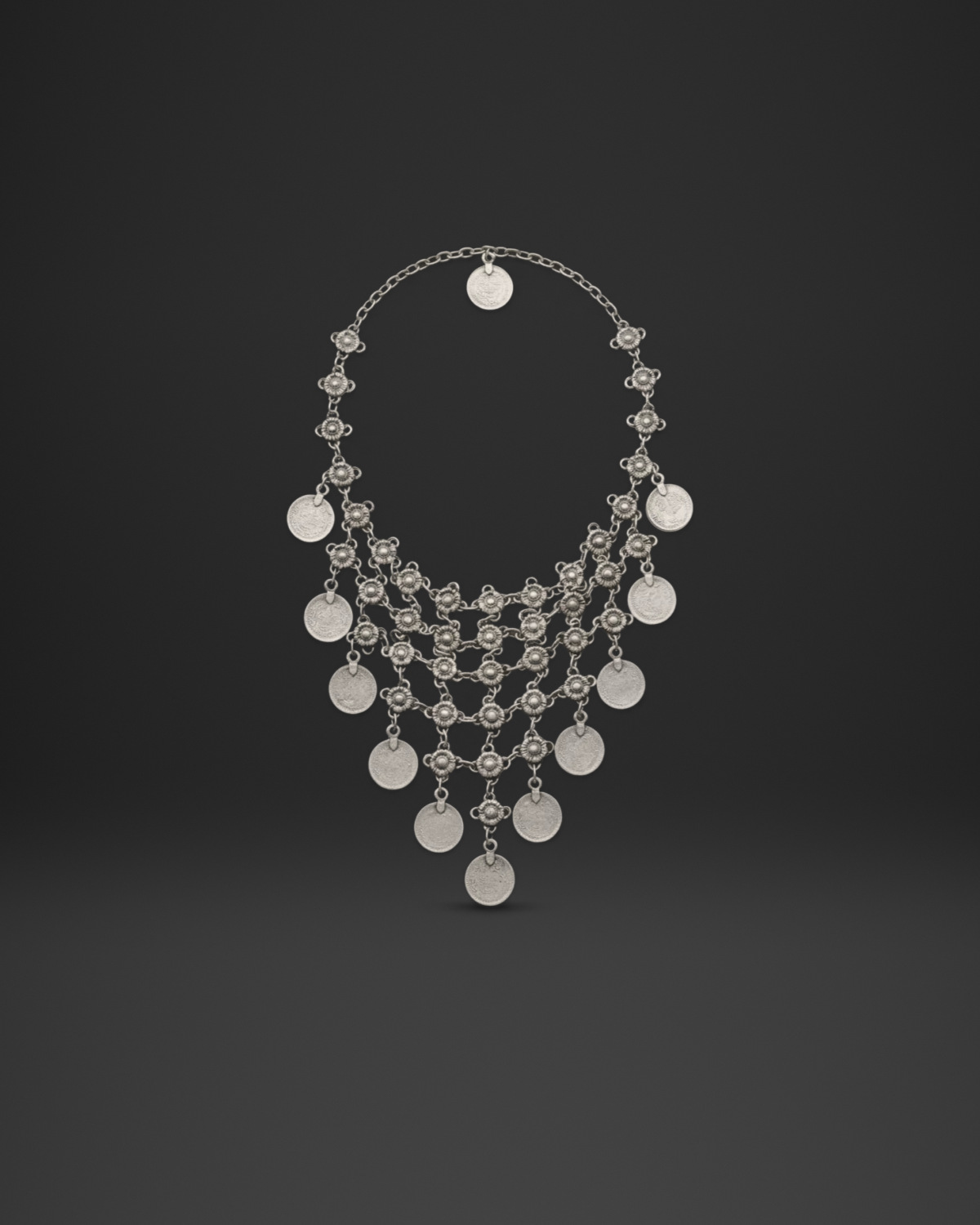 Flower Mesh Coin Fringe Necklace