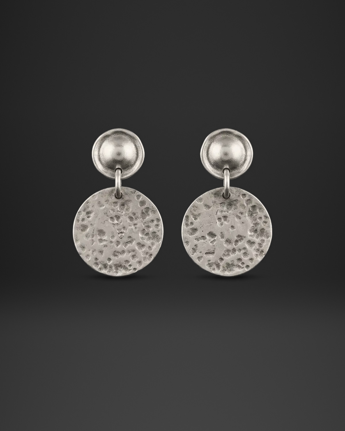 Dome and Hammered Disc Drop Stud Earrings