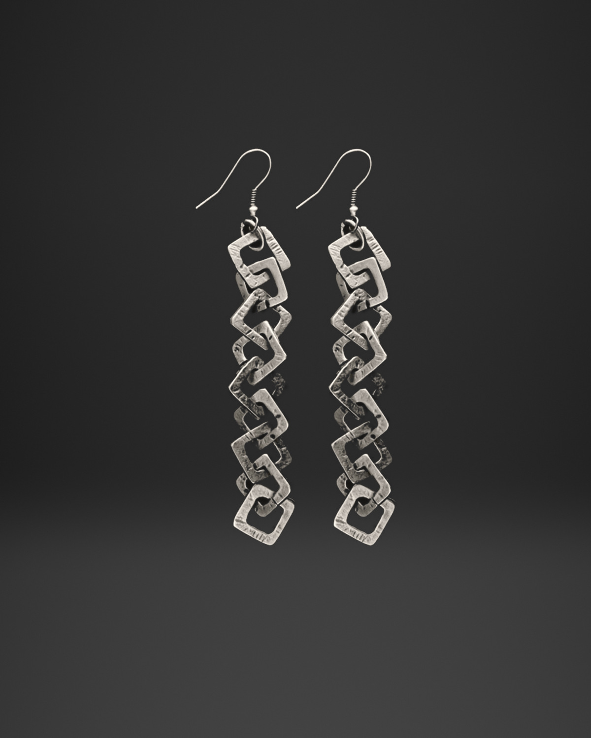 Hammered Square Link Long Earrings