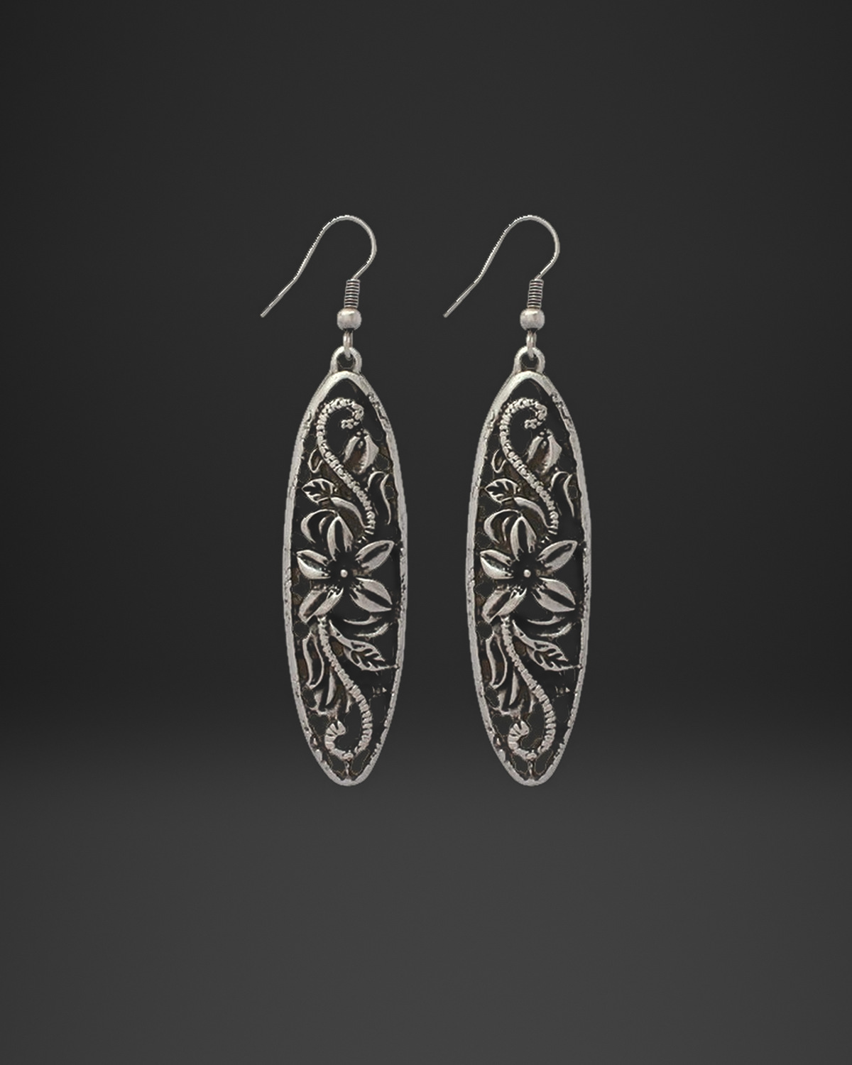 Floral Engraved Long Oval Earrings