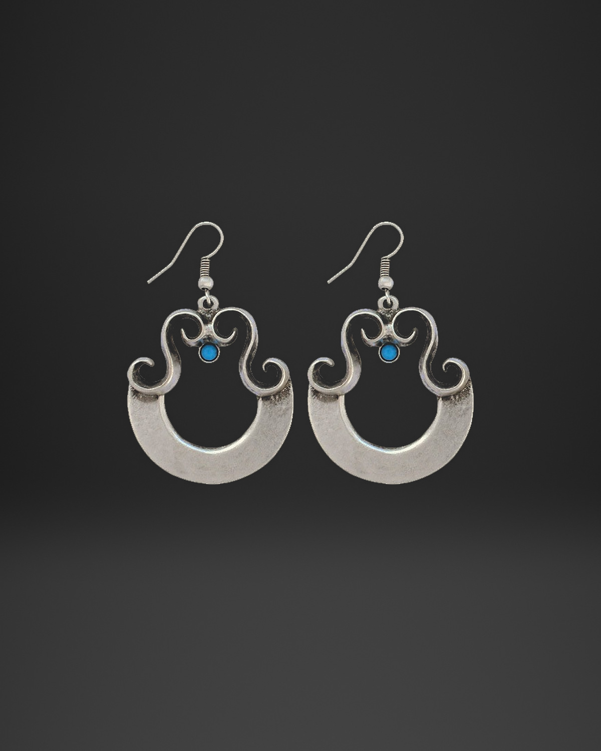 Blue Stone Scroll Crescent Earrings