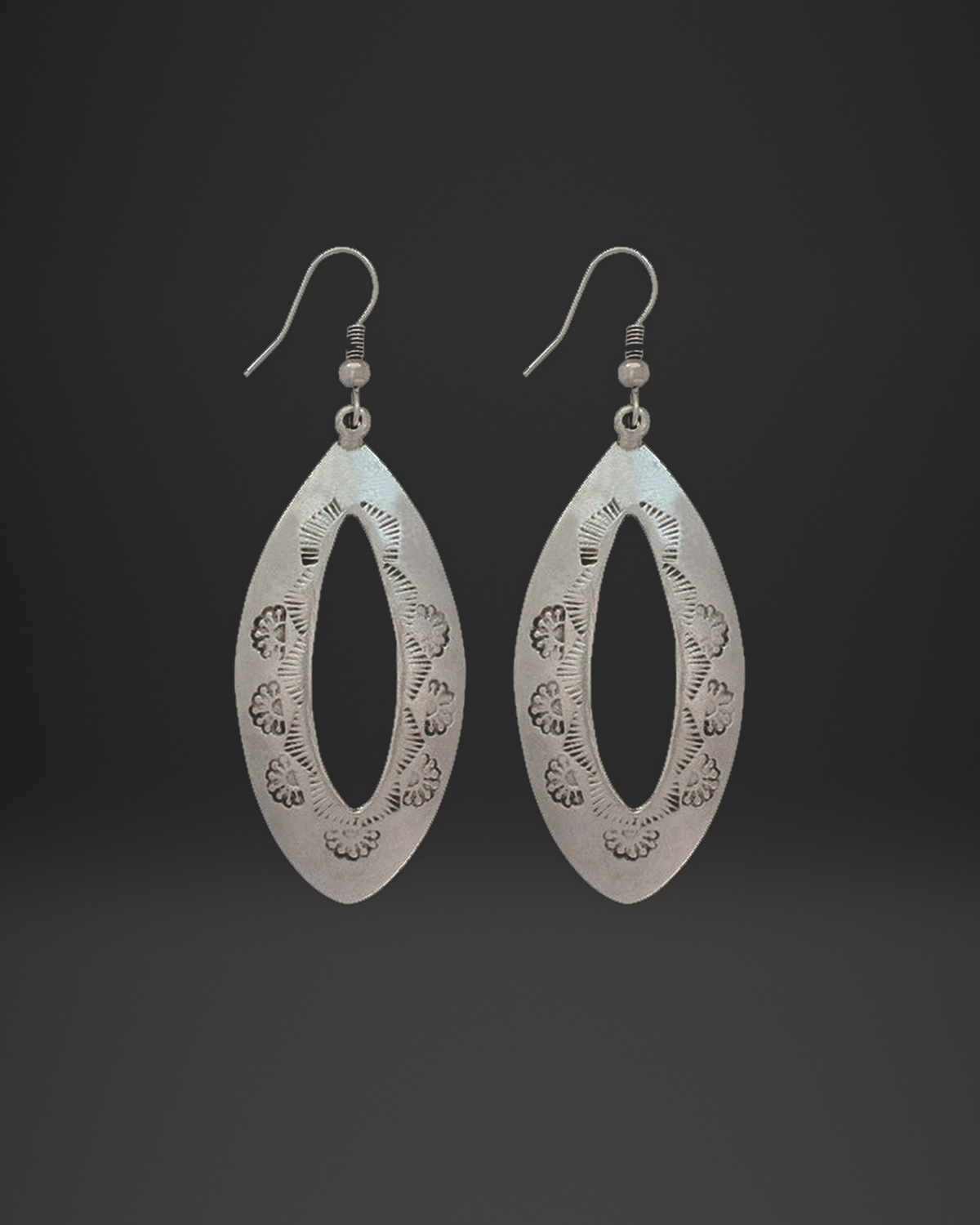 Stamped Flower Marquise Hoop Earrings