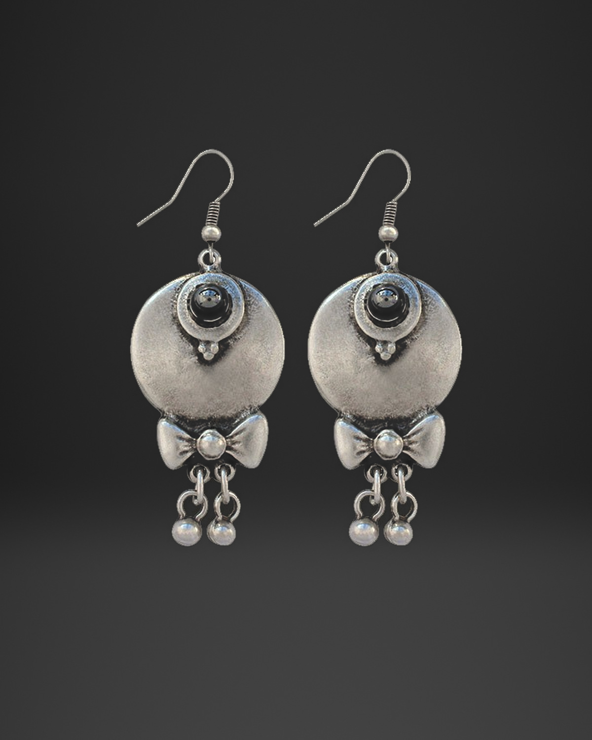 Black Stone Bow Fringe Earrings