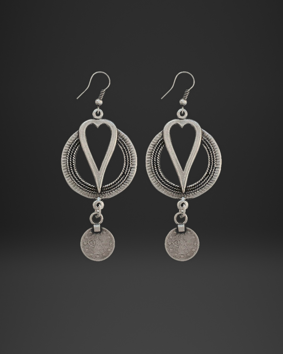 Heart Frame Coin Drop Earrings