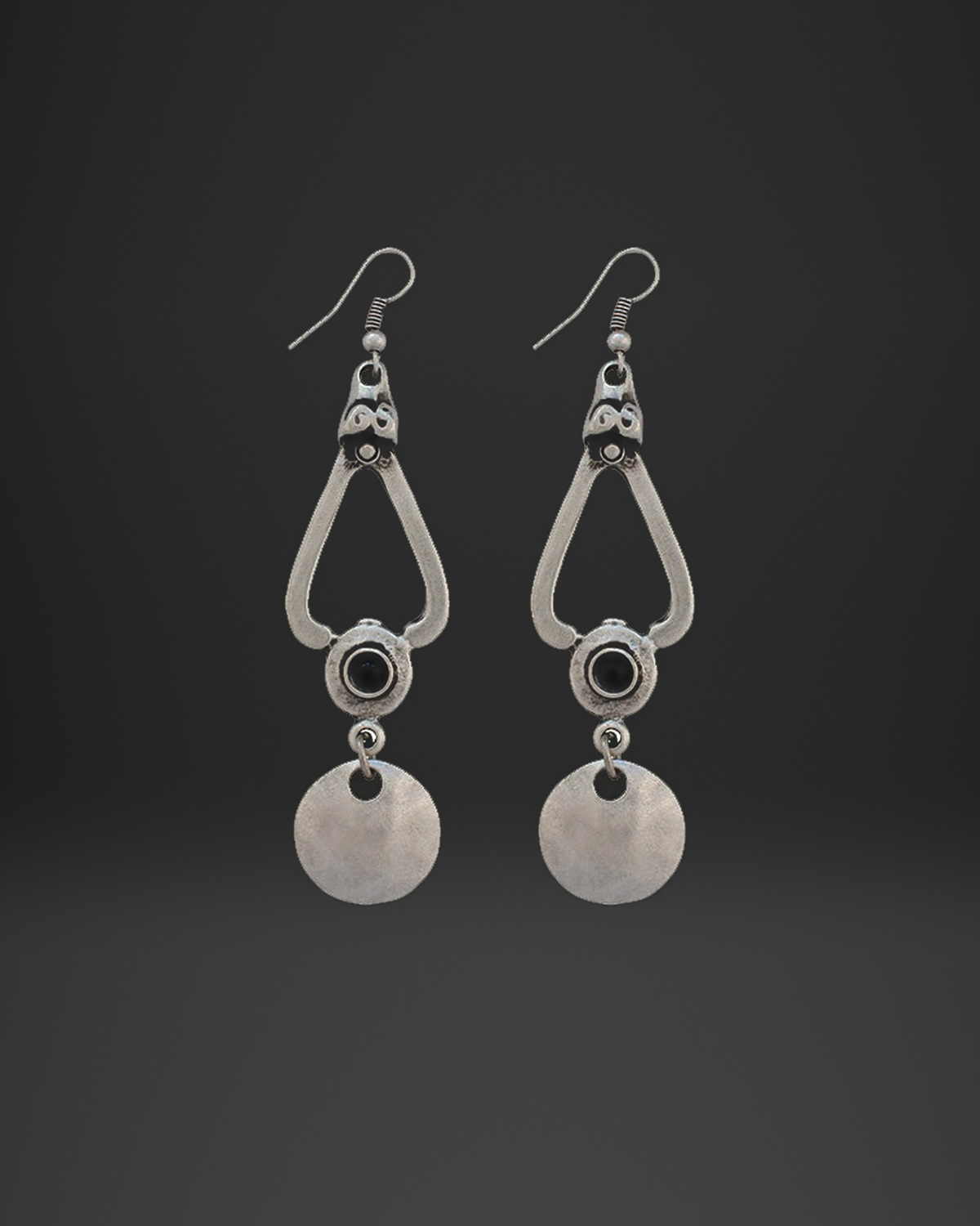 Black Stone Teardrop Disc Earrings