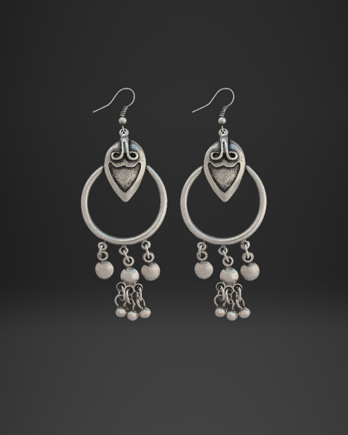 Shield Hoop Ball Fringe Earrings