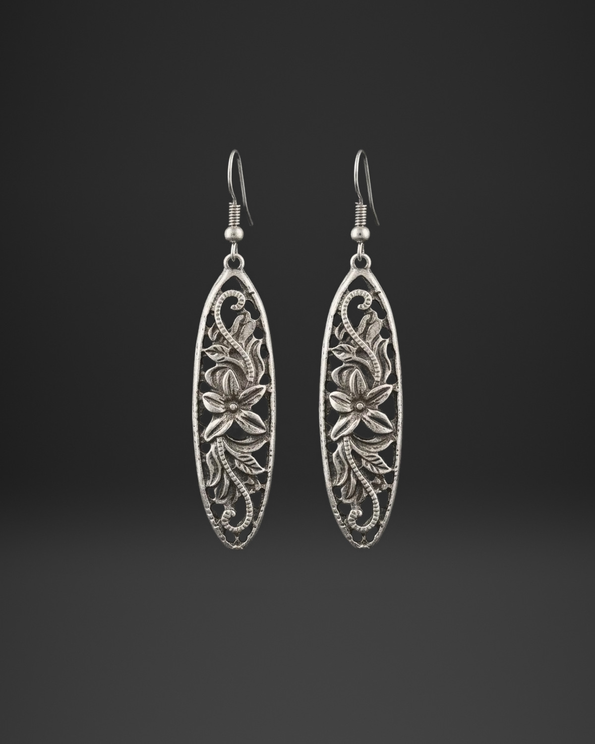 Floral Filigree Long Oval Earrings