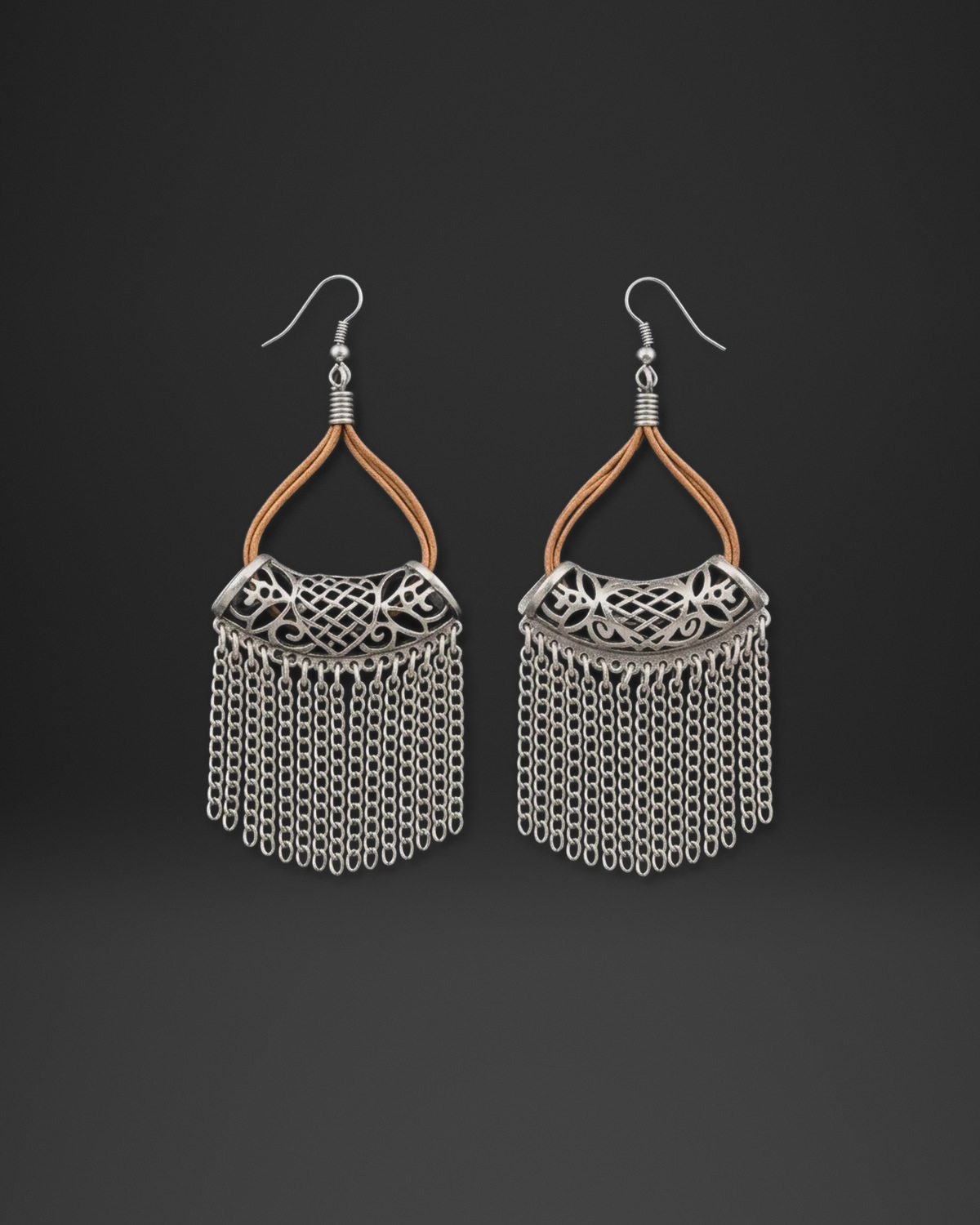 Leather Loop Chain Fringe Earrings