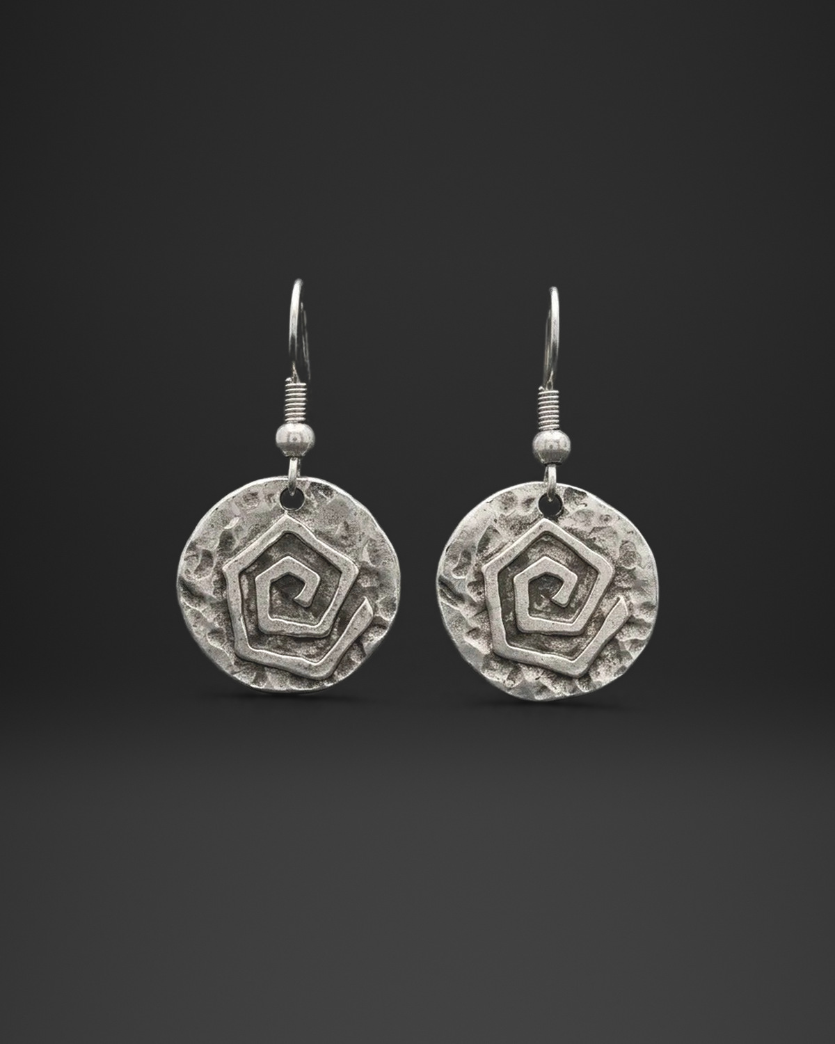 Pentagon Spiral Hammered Disc Earrings